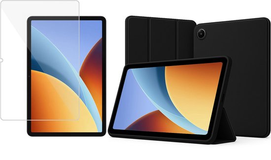 Étui noir pour tablette avec fonction support, film d'écran et étui séparé, tous pour une tablette avec fond d'écran orange-jaune.