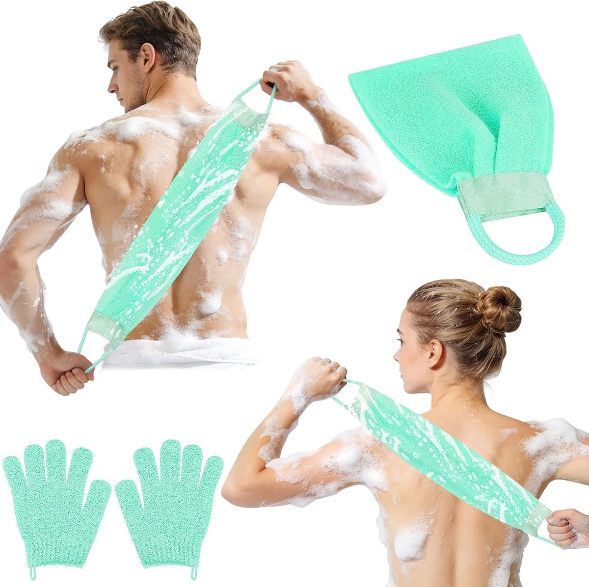SnelShoppen - Peeling Glove Back Rubber Set - Scrub Handschoen + Bamboevezel Scrub Spons - Dode Huid Verwijderaar - Groene Douche Set voor Het Lichaam
