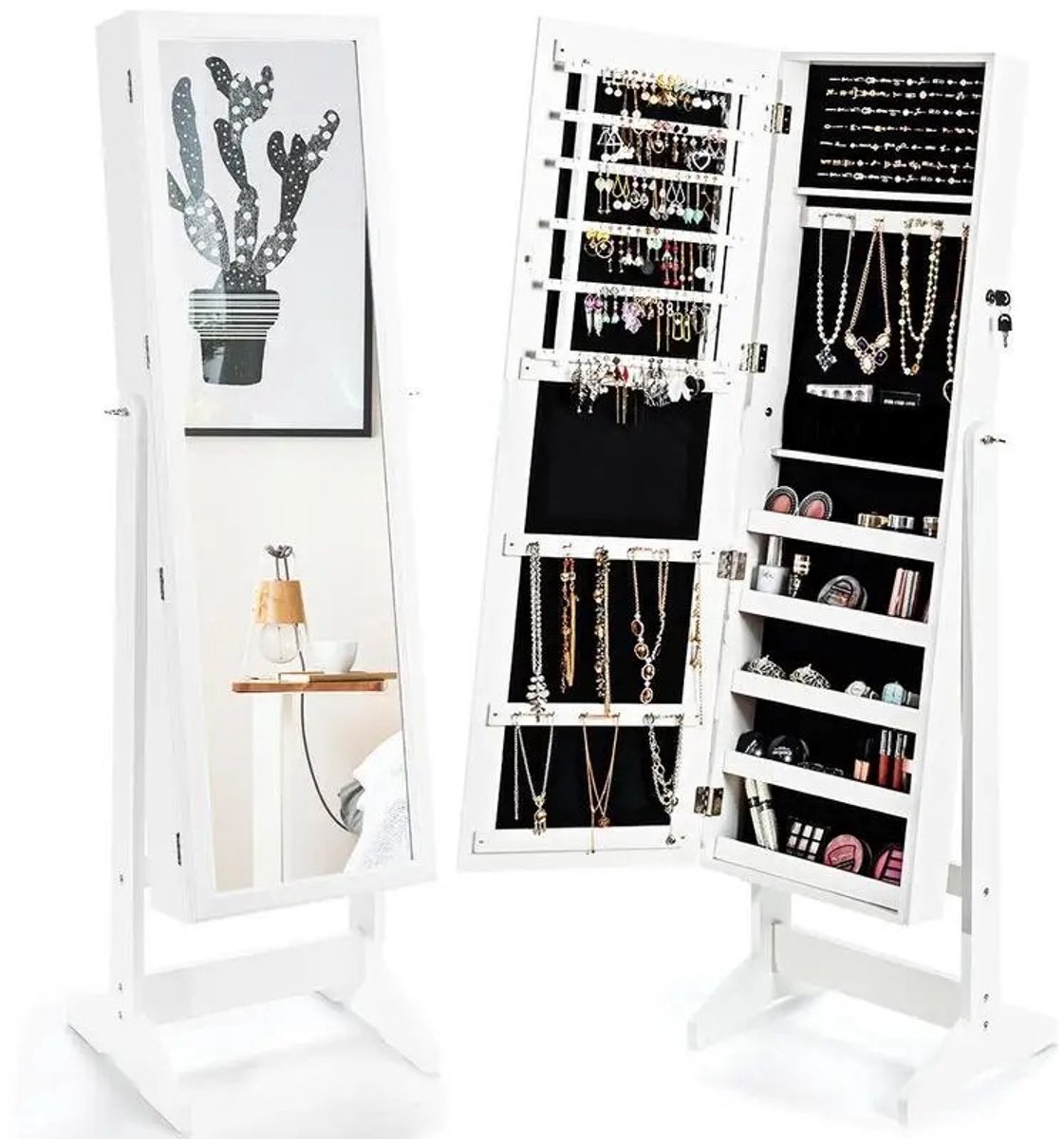 Dailygoods Sieradenkast met spiegel en grote opbergbox - Wit