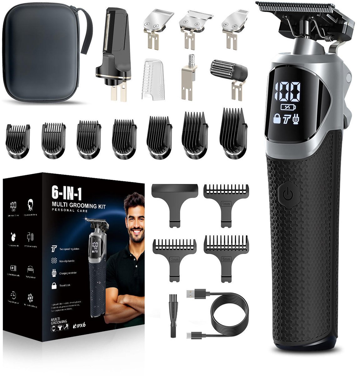 Tondeuse – 6-in-1 Set voor Mannen – Neustrimmer - Baardtrimmer - Bodygroomer - Draadloos – Hermanos®