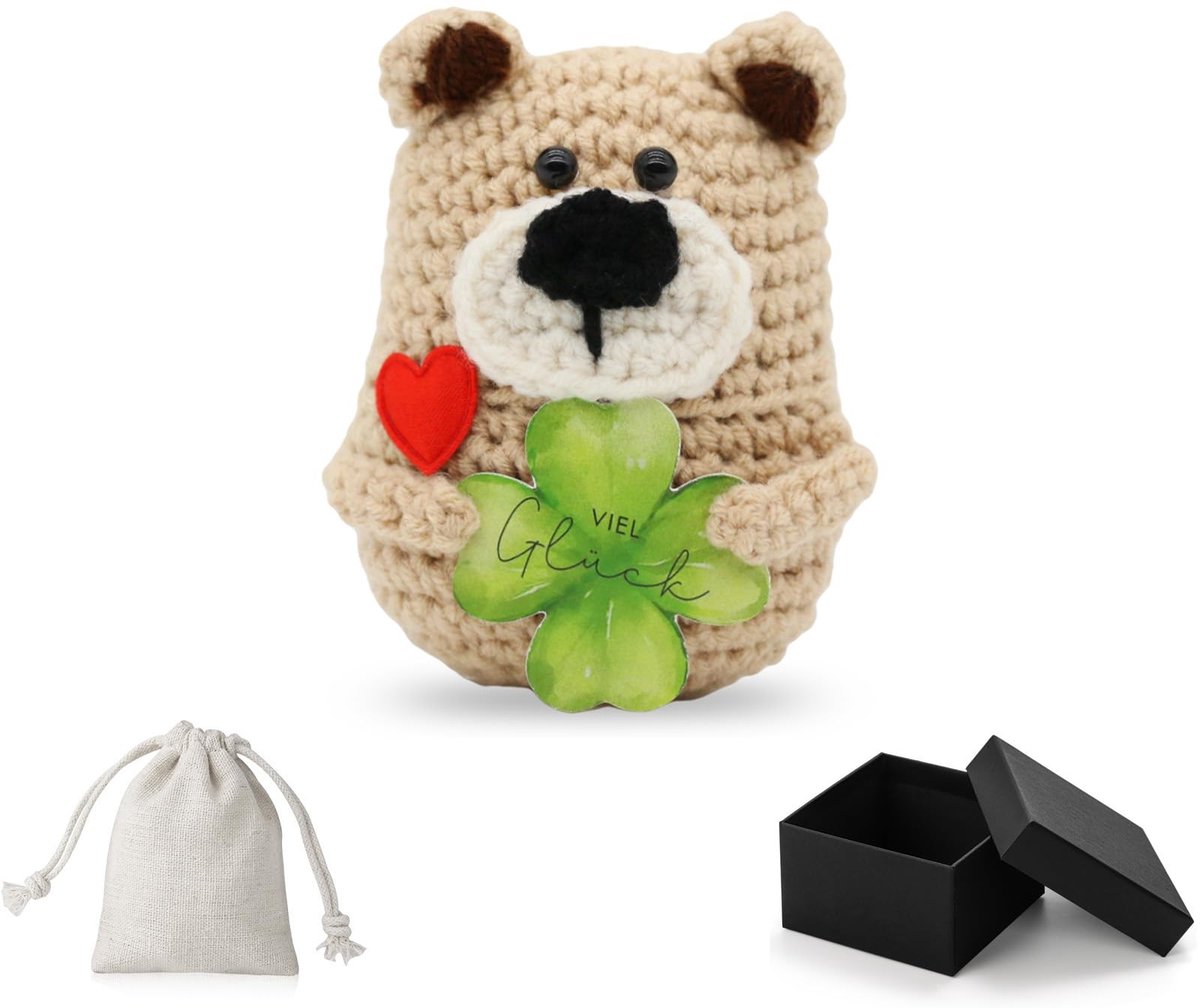 Dailygoods- Geluksbeer met Klaverblad - Gebreide Geluksbrenger - Positieve Beertje/Varkentje - Cadeau voor Valentijnsdag - Verjaardagscadeau - Afmetingen 5 x 7 x 4,5 cm - Gelukspop