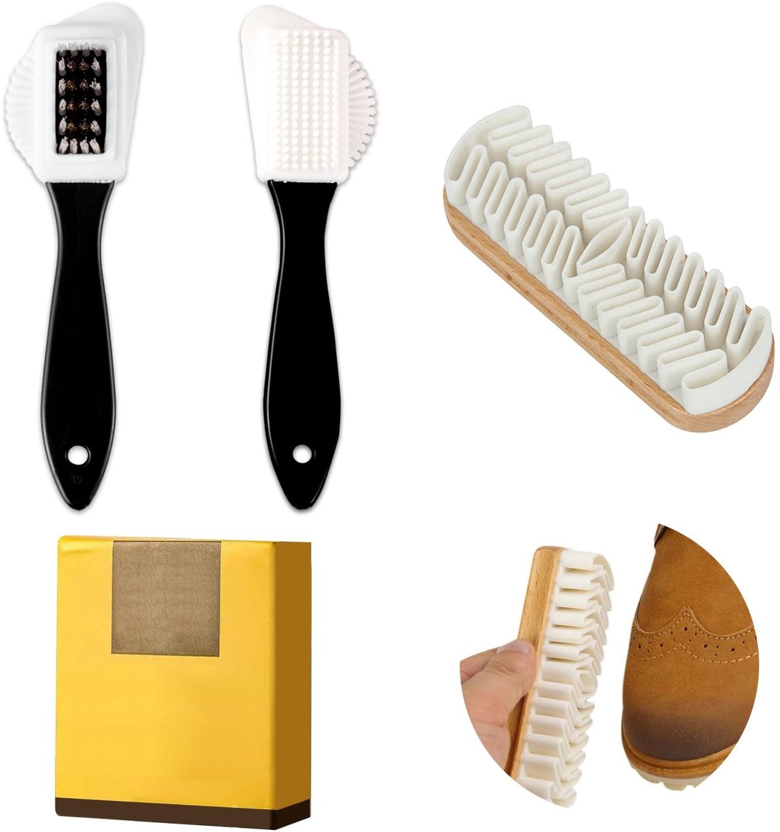 SOUQONE- Suèdeborstel Set - 2 x 4-zijdige Borstels - 1 Reinigingsgum - Duurzaam TPR-Materiaal - Voor Suède/Nubuck - Verwijdert Vlekken - Schoenreinigingsset