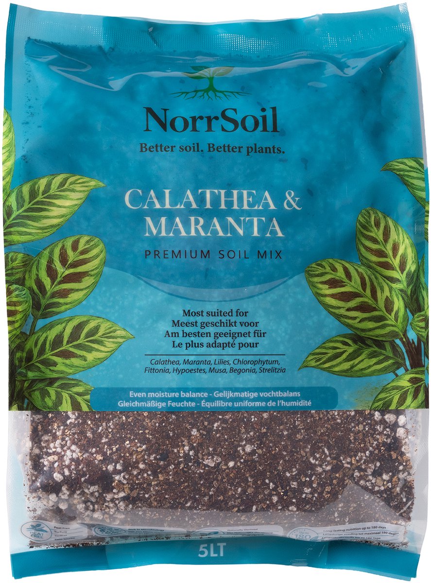Calathea & Maranta Potgrond 5L – Premium Coco Potgrond voor Calathea, Maranta, Fittonia & Pauwenplant – Turfvrij – 180 Dagen Organische Voeding – Norrsoil