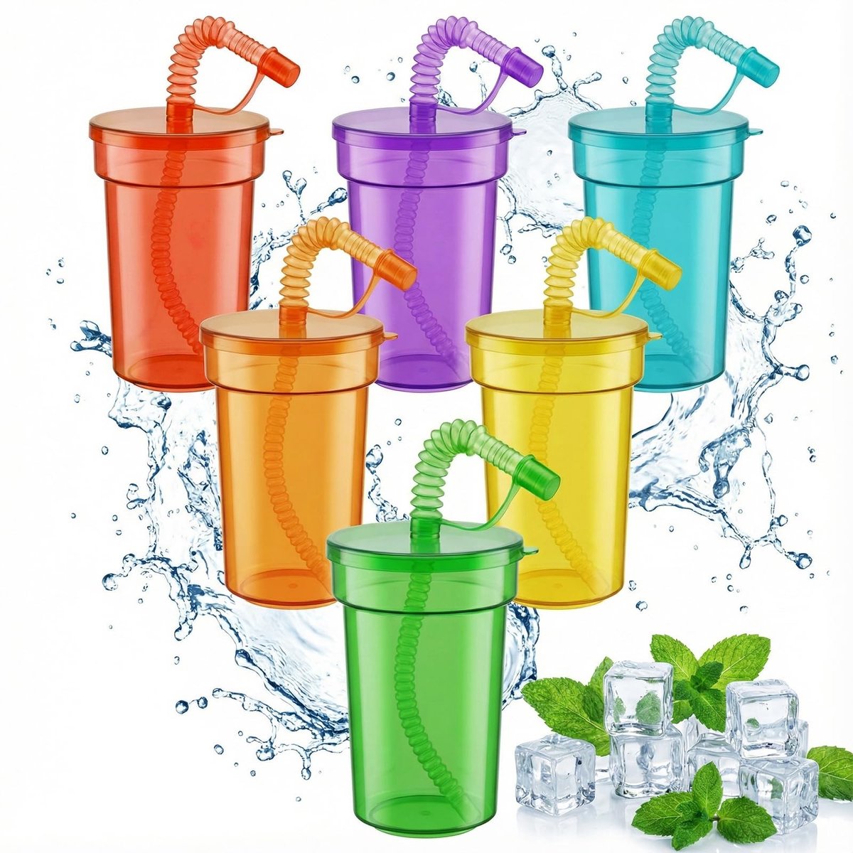 Dailygoods- Partybekerset 12 Stuks - Herbruikbare Bekers - BPA-vrij - Met Deksel/Rietje - 380 ml - Duurzaam PP-Materiaal