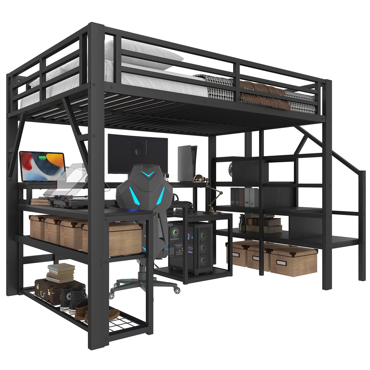 REDOM Hoogslaper met Bureau 140 x 200 cm – Trap met Opbergruimte – USB & LED-verlichting – Metaal & MDF – Zwart
