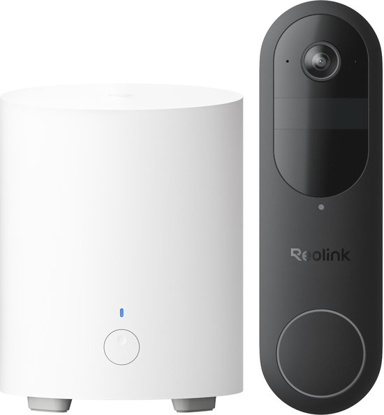 Reolink deurbel in zwart naast een witte cilindervormige Reolink Home Hub.