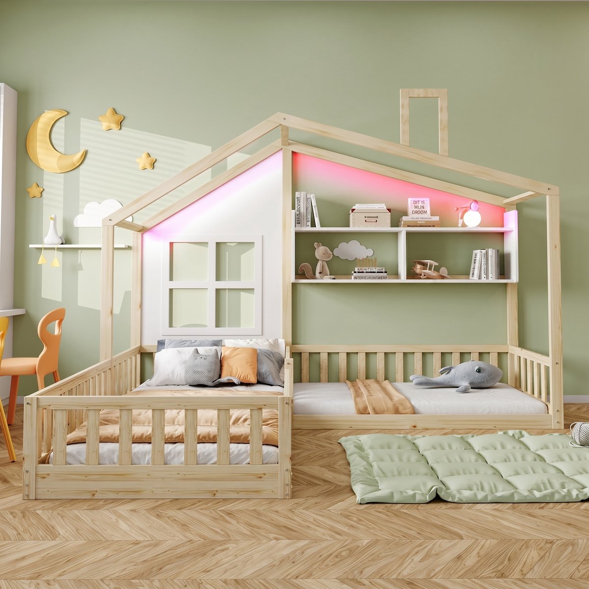 VVBV Kinderbed 90x200 – met Opbergruimte, Veiligheidshek, LED-Verlichting, Lattenbodem – Massief Hout – Natuurlijk Hout – met Lattenbodem Natural Wood,White