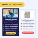 Man in bed met een blauw met groen en oranje bladmotief dekbed, naast een traditioneel beige dekbedovertrek.