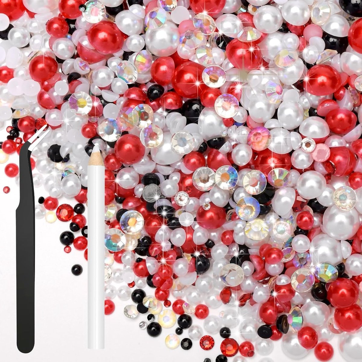 Mix van 80g vlakke parels in rood, zwart en wit met rhinestones voor kleding, nagelkunst en ambachten - halfronde parels en edelstenen voor DIY-projecten en bedazzling accessoires