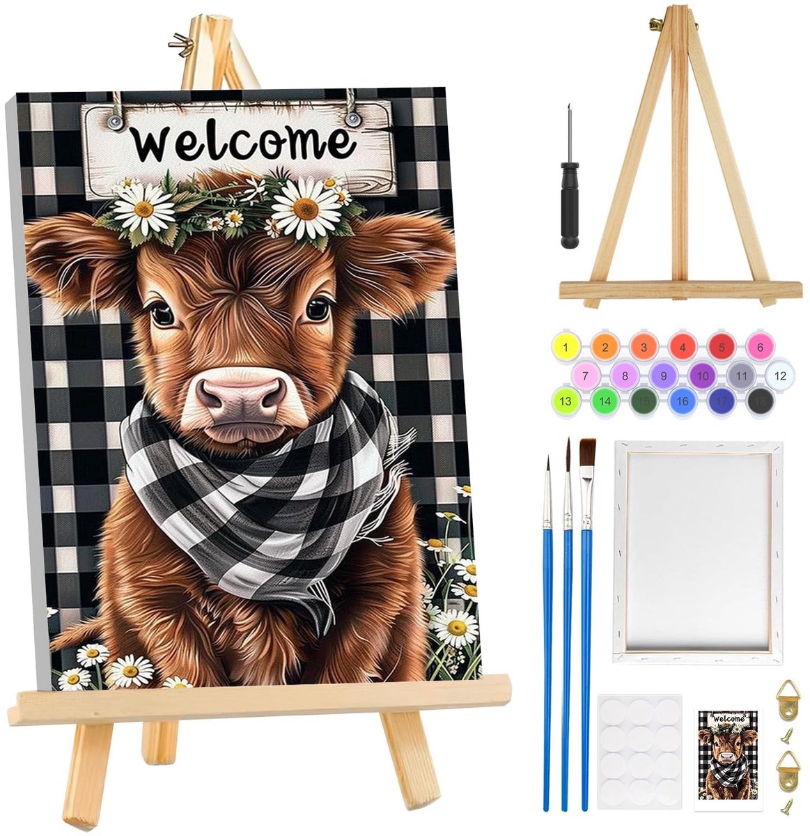 Dailygoods- Schilderen op Nummer - Koe/Bloemen - DIY Kunst Kit - Voor volwassenen/kinderen - Inclusief lijst/ezel - 20 x 30 cm - Doe-het-zelf Schilderij