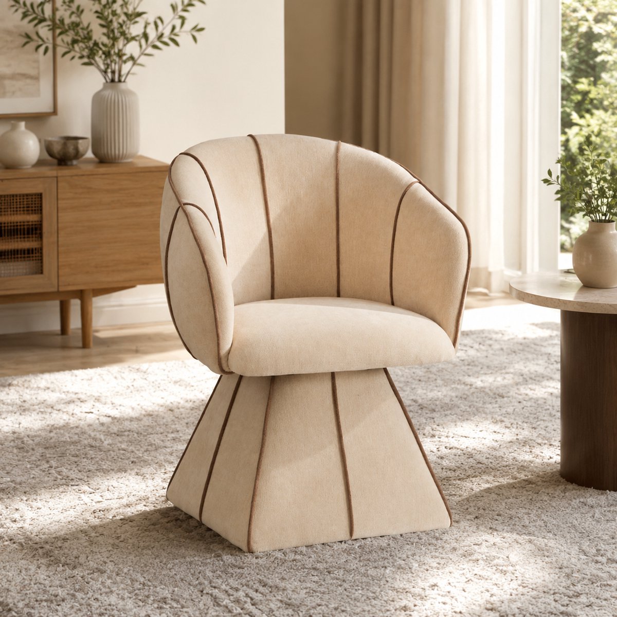 Welltin Fauteuil - Draaistoel - Omhullende armleuning - Ergonomisch ontwerp - Alles-in-één-ontwerp - Met hoge rugleuning - Modern design - Chenille - Geschikt voor de woonkamer, slaapkamer, zitkamer en showroom - Camelkleur