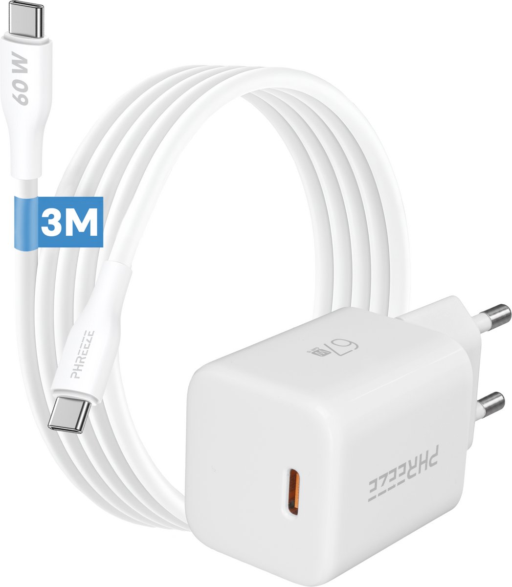 USB C Lader + USB C Oplaadkabel - 3 meter lang - GaN - Snellader - USB oplader set - Universeel
