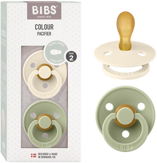 Emballage de deux sucettes BIBS : Taille 2 (6-18 mois). Une couleur ivoire, une sauge, toutes deux avec téton en caoutchouc naturel.