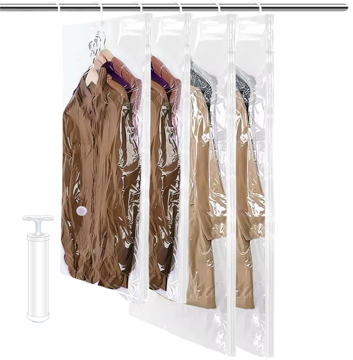 Vacuümopbergzakken - Hangende vacuümopbergzakken voor kleding - 4 stuks (2 135x67cm en 2 110x67cm) - Met Pomp - Hangende Kleding - voor het opbergen en organiseren van kleding - kastorganizer - Ideaal voor op reis
