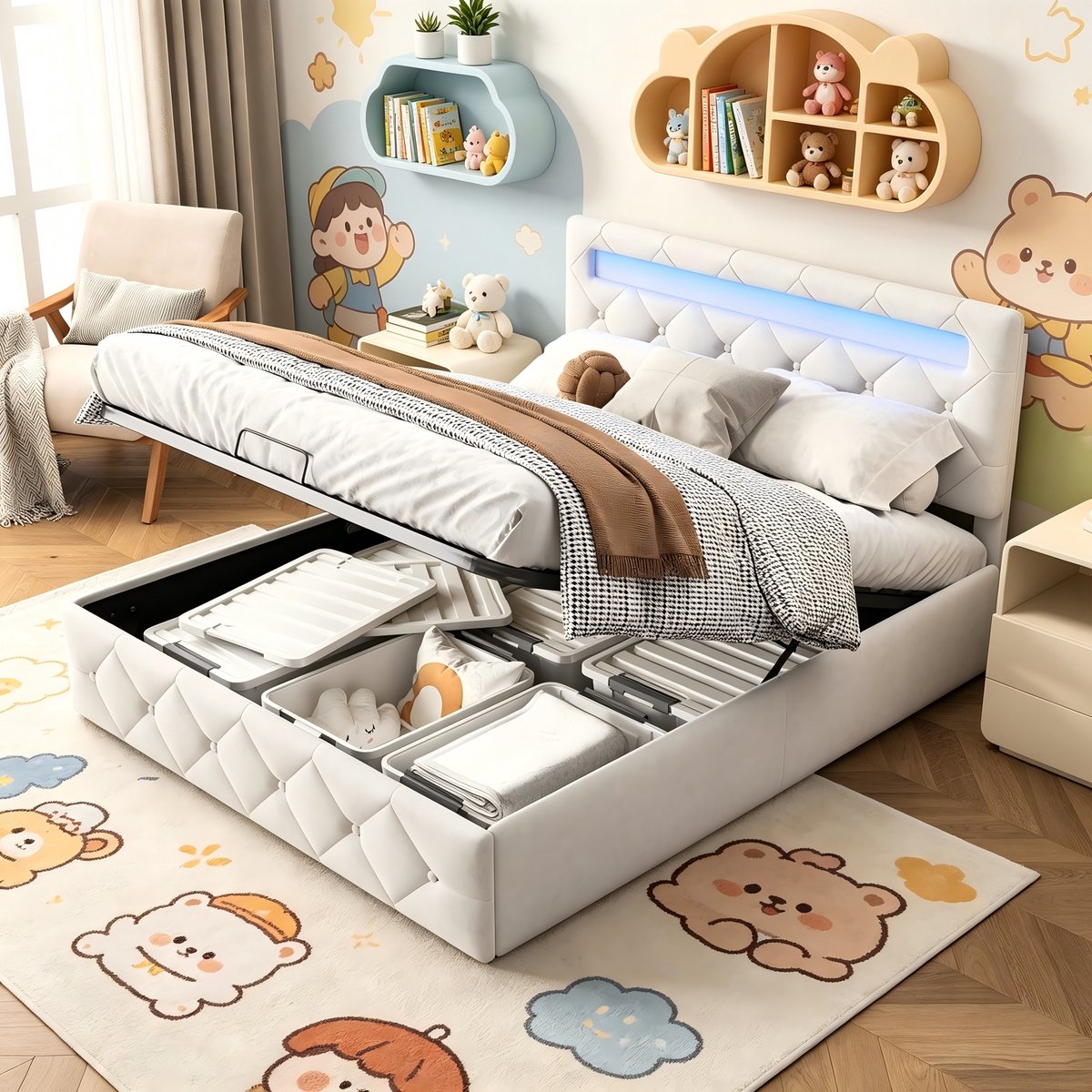 MEXUS Opbergbed 160x200 cm – Gestoffeerd bed met LED-verlichting - Tweepersoonsbed met Lattenbodem en hoofdbord - Abrikoos Fluweel - zonder matras