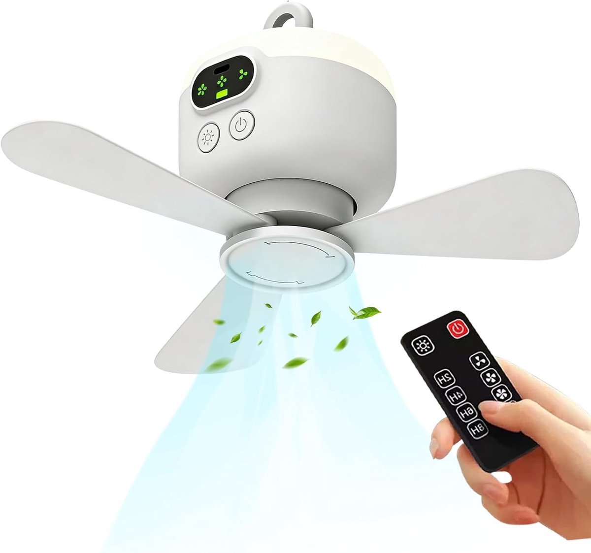 Draagbare kampeerventilator / plafondventilator - 8000mAh op batterijen(Met afstandsbediening en verlichtingsfuncties) - Met 3 afneembare ventilatorbladen - 4 snelheden Timerfunctie beschikbaar - Voor picknicks reizen en noodgevallen