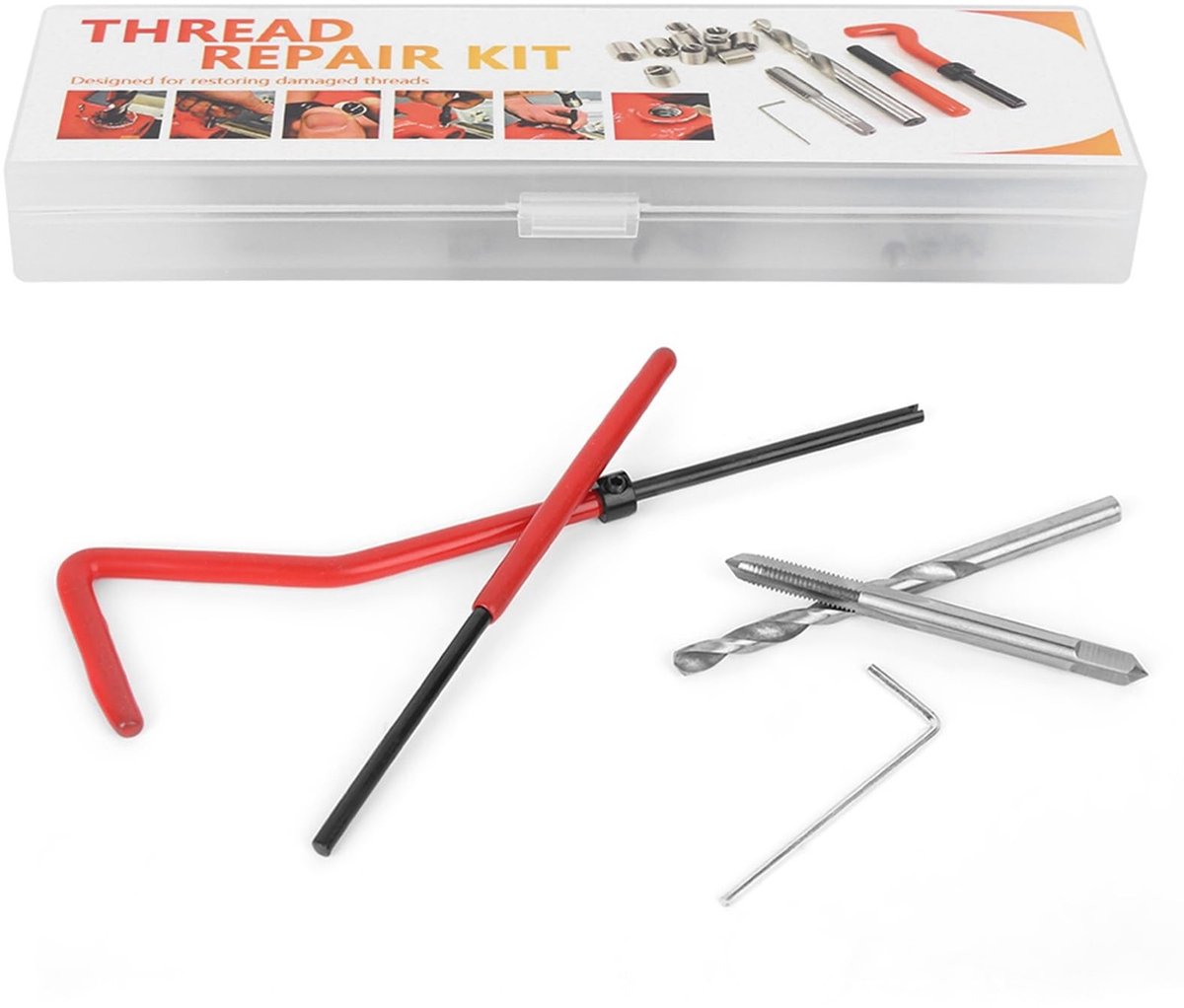 ZEYNOMAX- Draadreparatie-inzetset 25-delig - Geschikt voor Staal/IJzer/Aluminium - Transparante Plastic Doos - M4 - Voor Verwerkingsmachines - Inclusief Moersleutel/Boor/Kraan - Draadreparatieset