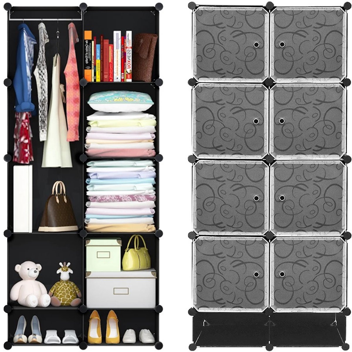 Dailygoods Kledingkast, modulaire opbergplanken, zwart bedrukt kunststof kastje met schoen