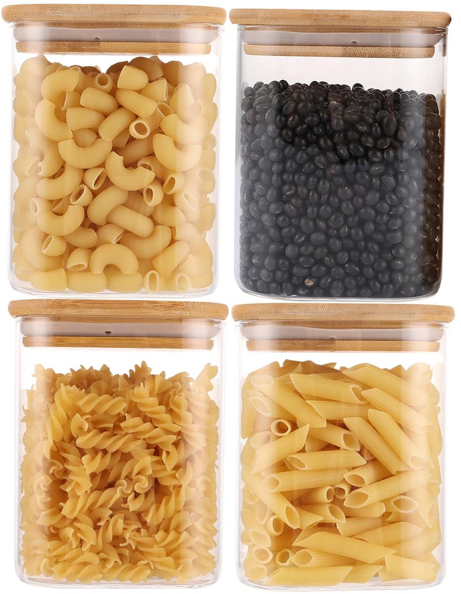 Dailygoods- Opslagpot 850ml - Set van 4 - Vierkante Glazen Potten - Luchtdicht - Houten Deksel - Stapelbaar - Opslagcontainer