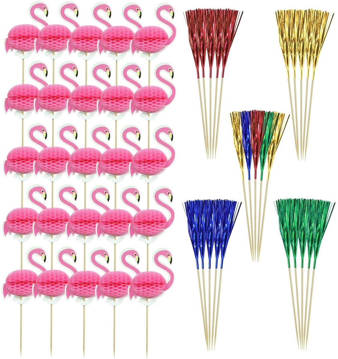 Dailygoods- Taartinzetstukken 50 stuks - Flamingo/kwastinzetstukken - Driedimensionale decoratie - Veelkleurig - Papier - Geschikt voor verjaardagstaarten - Taartdecoratie