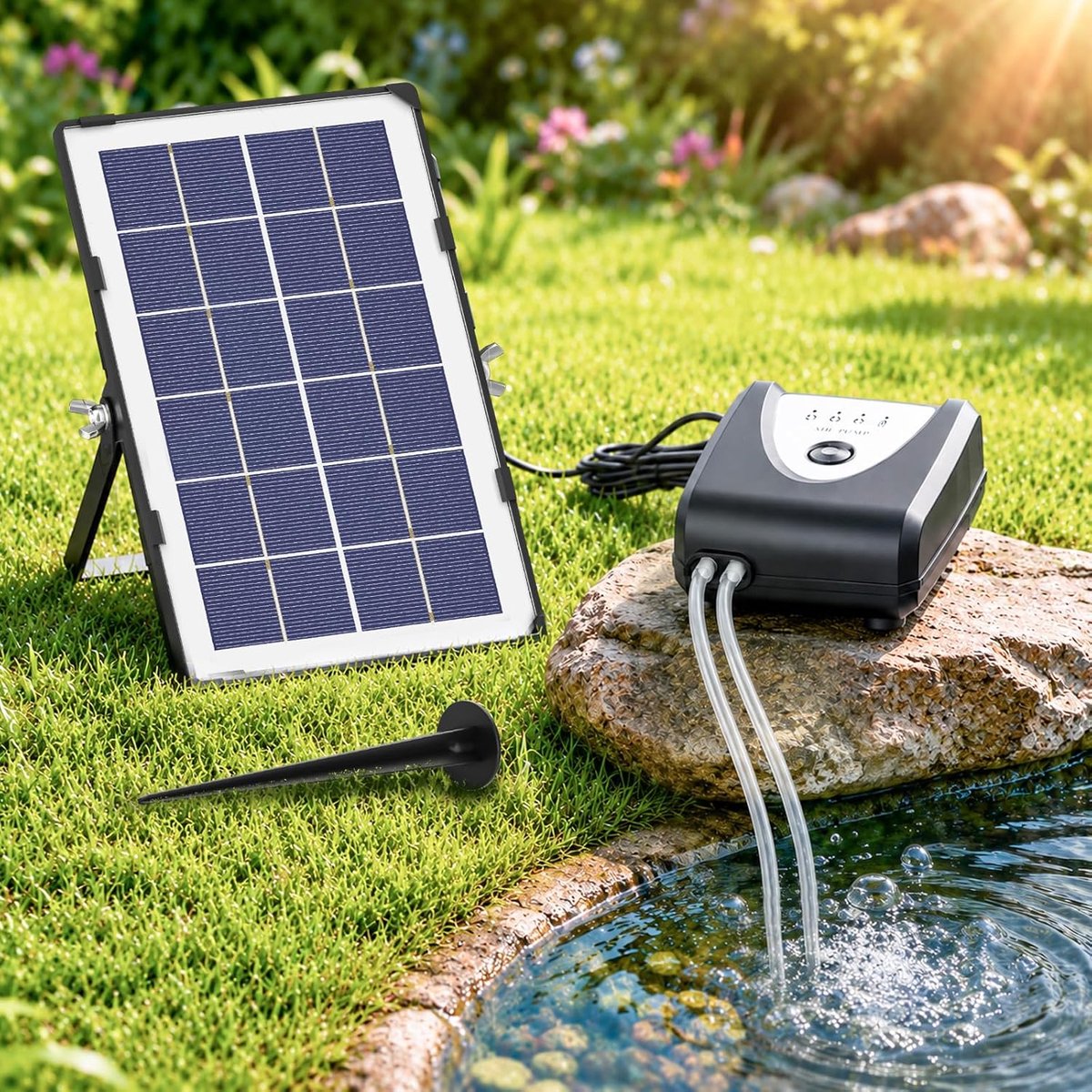 KZQ Vijverpomp zonneenergie - Zonne-luchtpomp - Aquarium luchtpomp - Beluchter - 3 snelheden instelbaar - 4000 mAh - 3,7 W - Geschikt voor aquariums thuis, vijvers en tuinen - Zwart