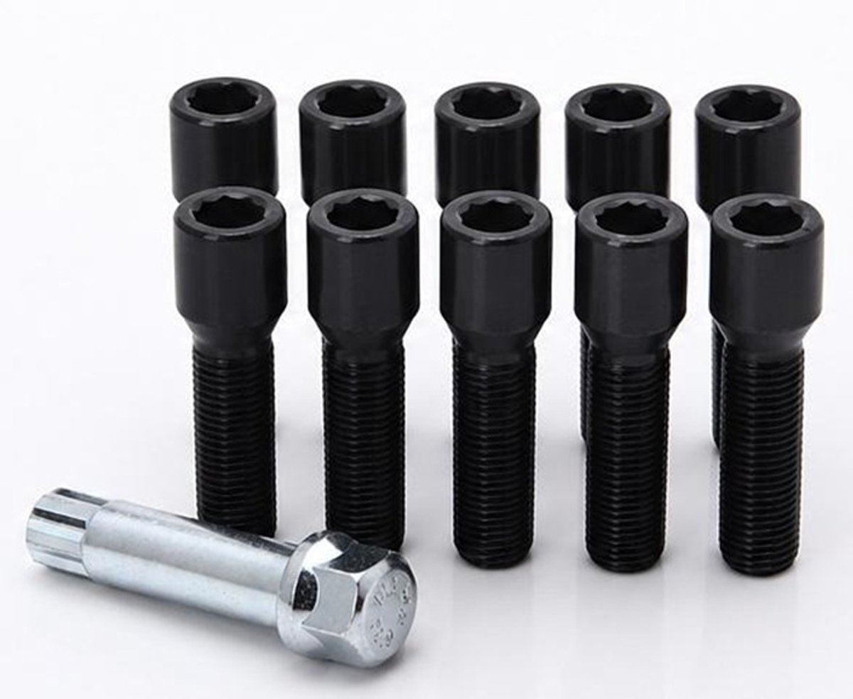 Conische wielbouten 45mm - Zwart - M14x1.25 / M14x1,25 - Set van 10 bouten + sleutel - Ster/Inbus