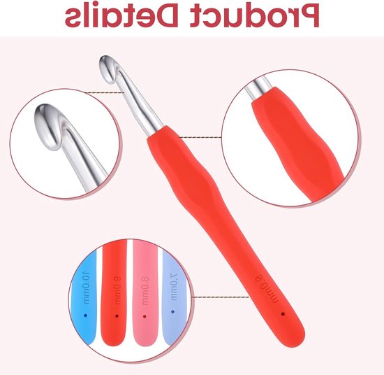 Set van 4 ergonomische haaknaalden 7mm, 8mm, 9mm, 10mm in verschillende kleuren met zachte handgreep voor beginners, ideaal voor het haken van truien, sjaals en mutsen — afbeelding 2