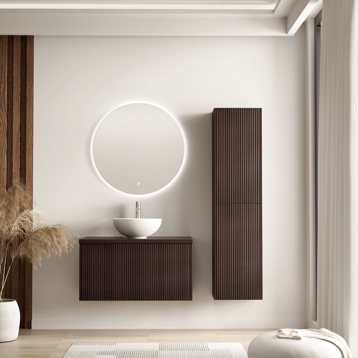 LOMAZOO Badmeubelset Ribbel Walnoot 80 cm - Waskom Wit - Badkamermeubel Set Bruin Geribbeld - Wastafelmeubel - Waskom Opbouw - Badkamerkast hoog [TROPANI]