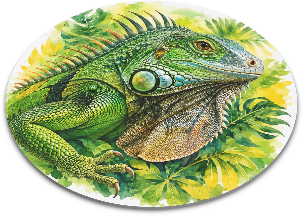Ronde muismat groene leguaan - Aquarel portret van een leguaan Iguana iguana met tropische bladeren - Natuurlijke en frisse bureau accessoire