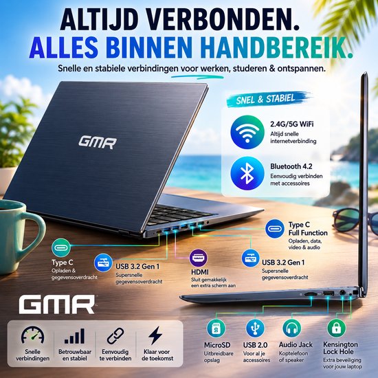 GMR laptop met diverse poorten zoals USB-C, USB 3.2 Gen 1, HDMI en audio jack. Snel & stabiel.