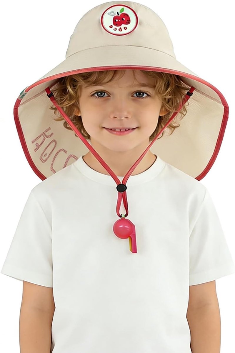 Verstelbare Zonnehoed voor Baby en Peuter met Kinband en Fluitje, Kinderen Bucket Hat voor Zonnebescherming (45-50cm, Wit)