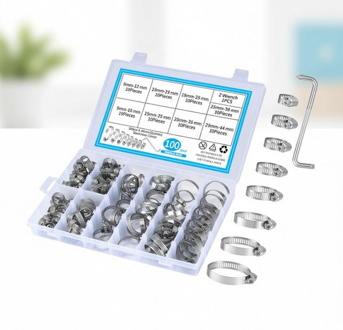 ElleMooi 100 stuks slangklemmen verstelbaar 8-44 mm, roestvrijstalen hose clamps set met schroevendraaier