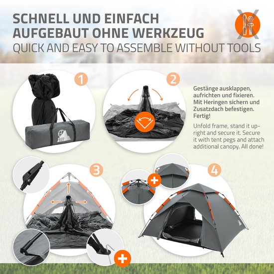 Pop-up tent voor 4 personen, kampeertent outdoor grijs, dubbelwandige koepeltent met 2 deuren, waterdicht & winddicht met draagtas van POP — afbeelding 2