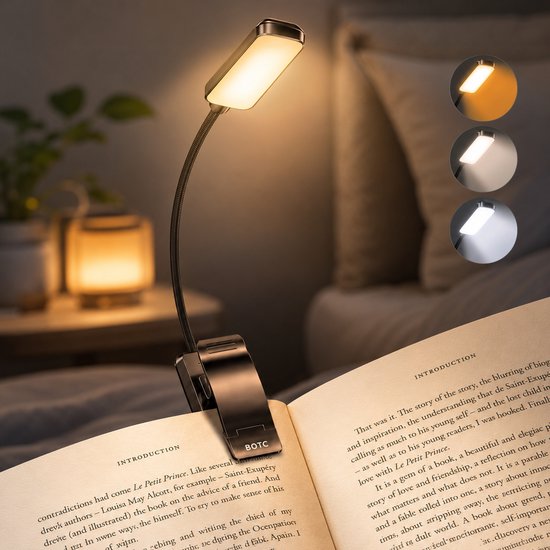 BOTC LED leeslampje – 3 lichtstanden – oplaadbaar – met klem