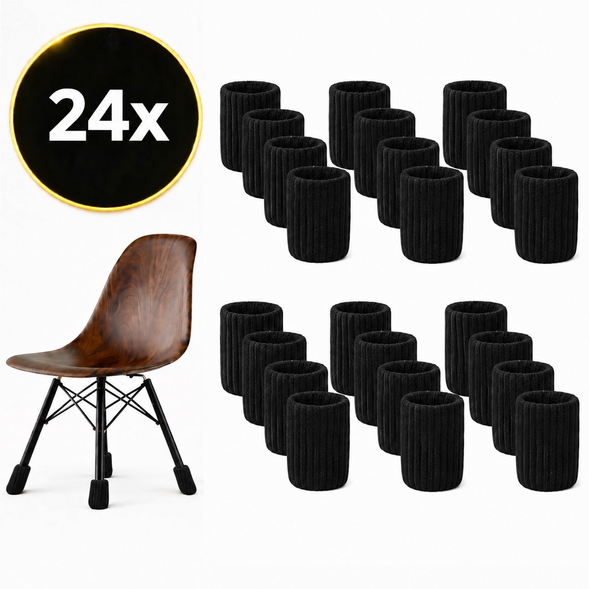Korte Stoelpoot Sokken set van 24 stuks (Zwart) – 5cm – Elastische Beschermers – Stoelbeschermer – Stoelsokjes met vilt - Stoelpootbeschermers - Stoelpootdoppen - Stoelsokken