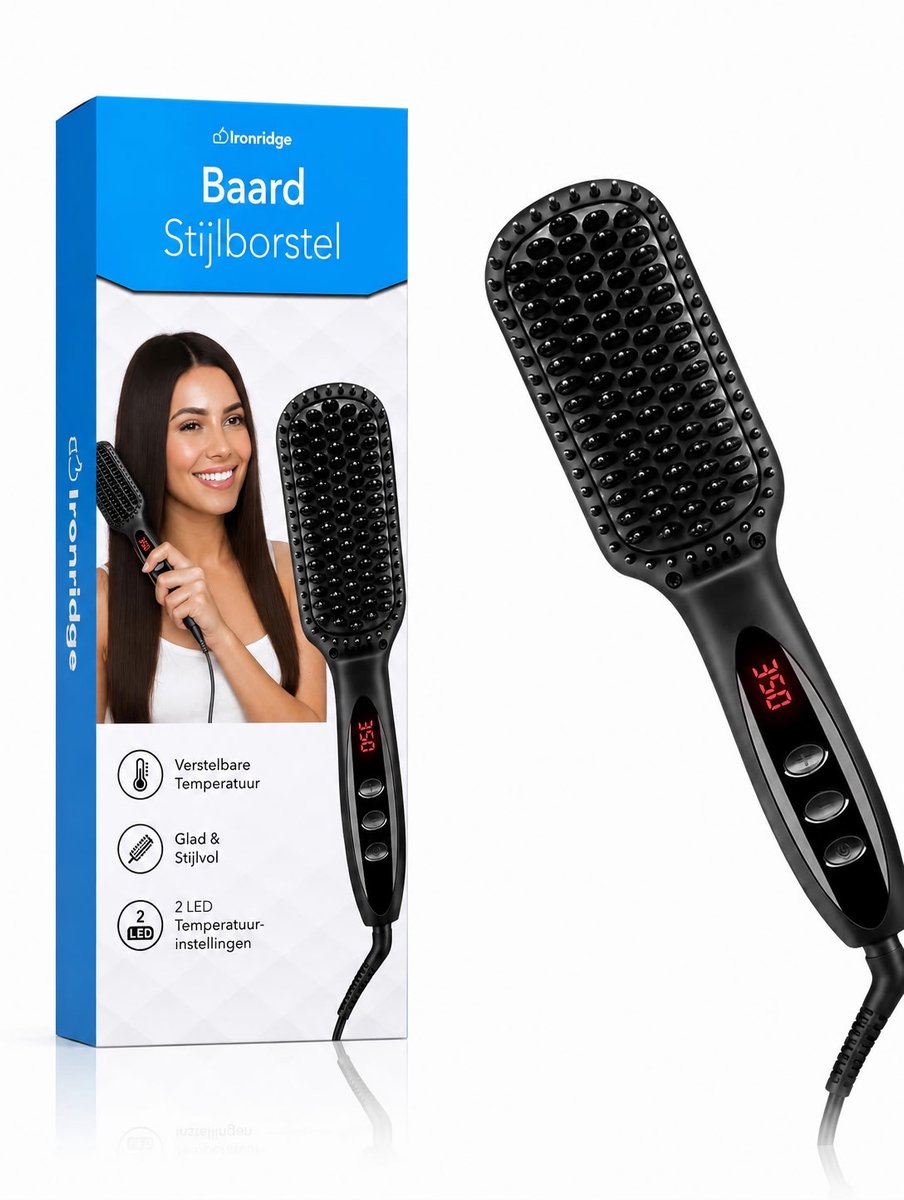 Ironridge® Baard Stijltang - 3-in-1 - Baard stijlborstel - Baardstijler - Voor Ieder Baardtype - Stijlborstel - Temperatuurregeling - Baardkam - Zwart