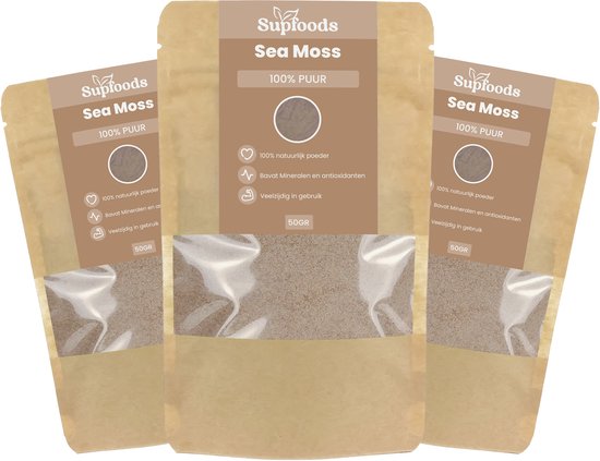 Drie zakjes Supfoods Sea Moss poeder van 500g, 100% puur, met tekst.