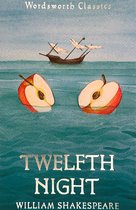 Boekomslag van 'Twelfth Night' door William Shakespeare. Een schip vaart op zee met twee halve appels drijvend in het water.