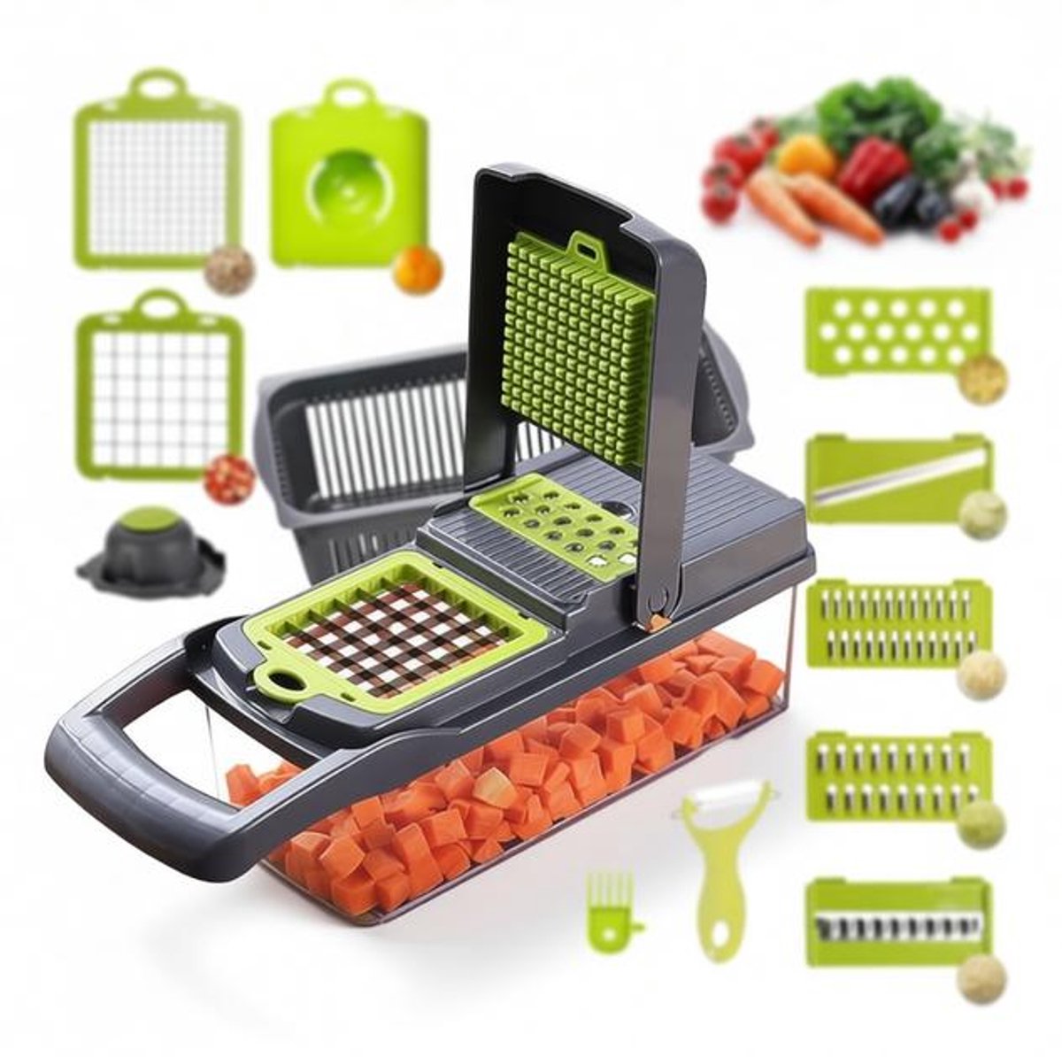 ElleMooi 12-in-1 Plantaardige Chopper en Mandoline Slicer – Professionele Groentesnijder, Fruit Dobbelmachine en Handmatige Ui Dicer met 8 Messen