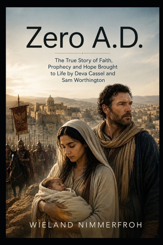 Boekomslag Zero A.D. met Deva Cassel en Sam Worthington met een baby tegen de achtergrond van een antieke stad.