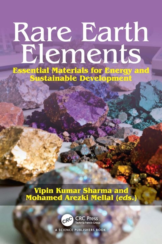 Couverture du livre "Rare Earth Elements". Divers minéraux colorés sont exposés sur une table.