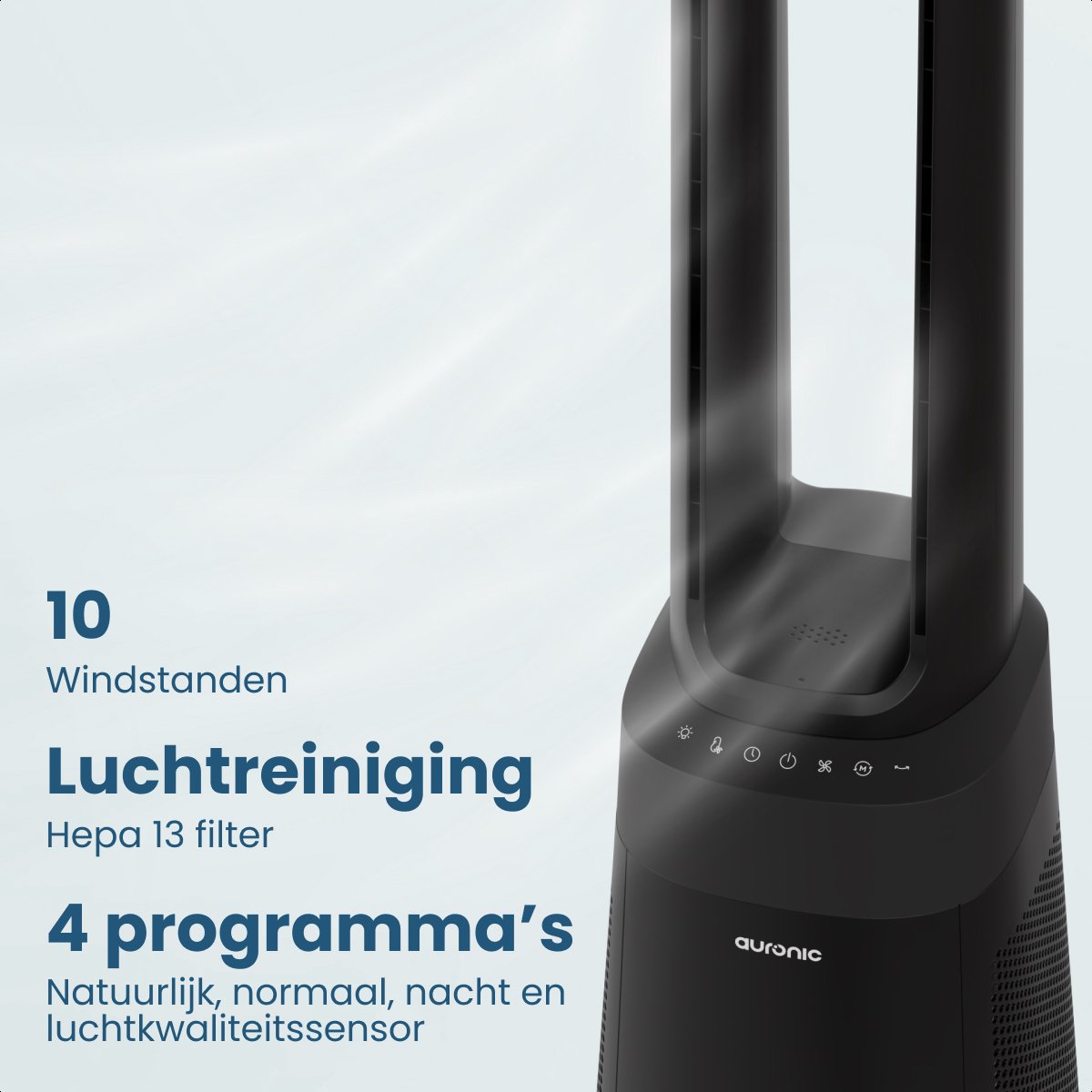 Auronic Torenventilator - Bladeless Model 2 in 1 - Luchtreiniger met HEPA-filter - Ventilator - 10 Standen - Afstandsbediening - 105 cm - Zwart — afbeelding 3
