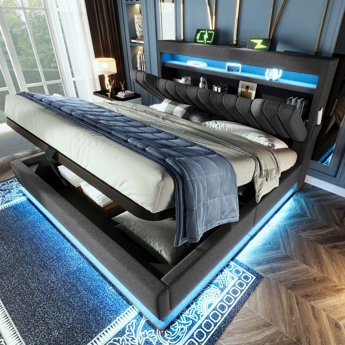 Tweepersoonsbed 140x200 cm, Gestoffeerd bed, met opbergruimte in het hoofdeinde, USB - en Type-C-aansluitingen, LED, hydraulische opbergruimte, lin, Grijs - (Matras niet inbegrepen)