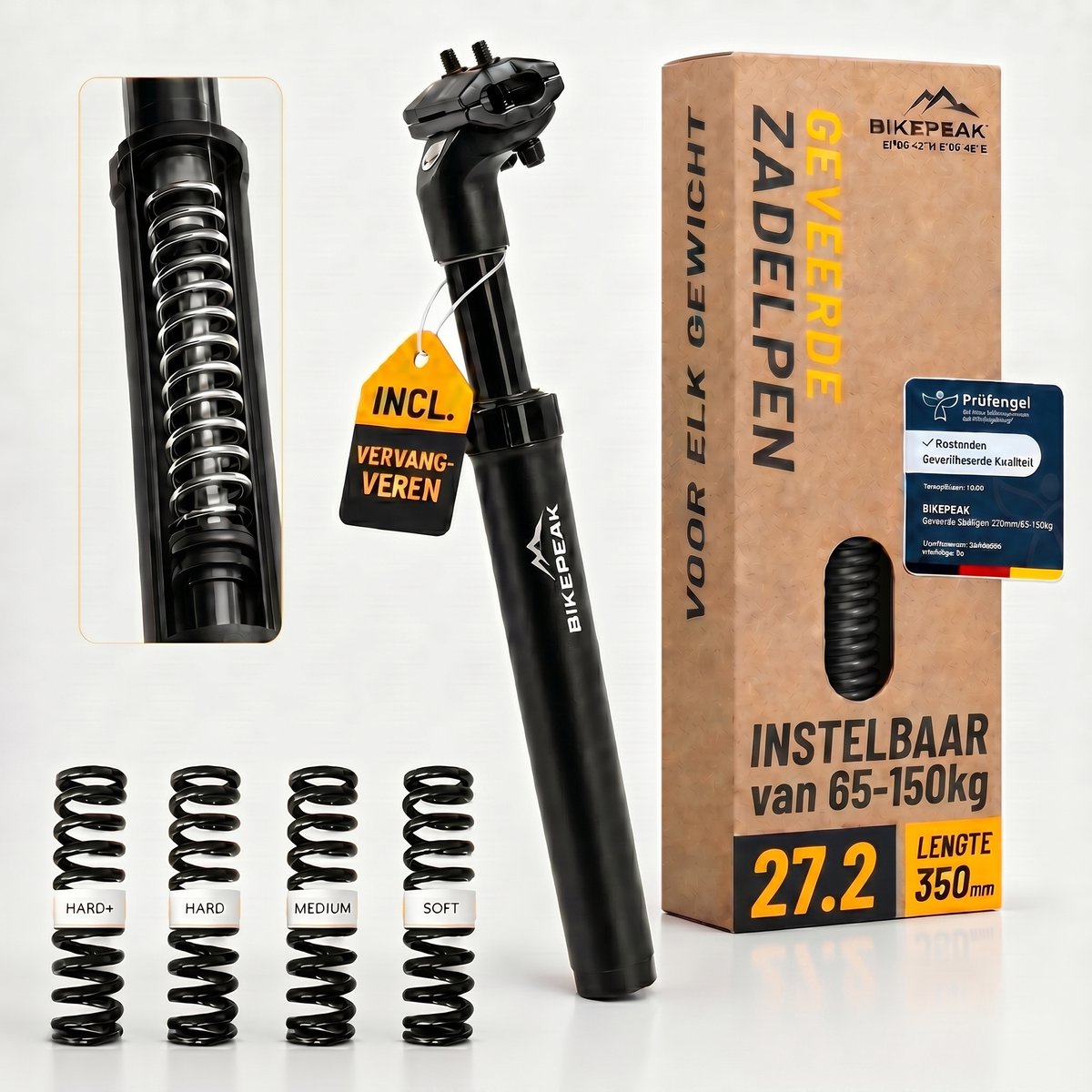 BikePeak verende zadelpen 27.2 mm diameter - 350 mm lang, incl. 4 verwisselbare veren voor lichaamsgewicht 65kg tot 150kg, Zadelpen met vering Zwart, ergonomische zadel veer, Duits Design