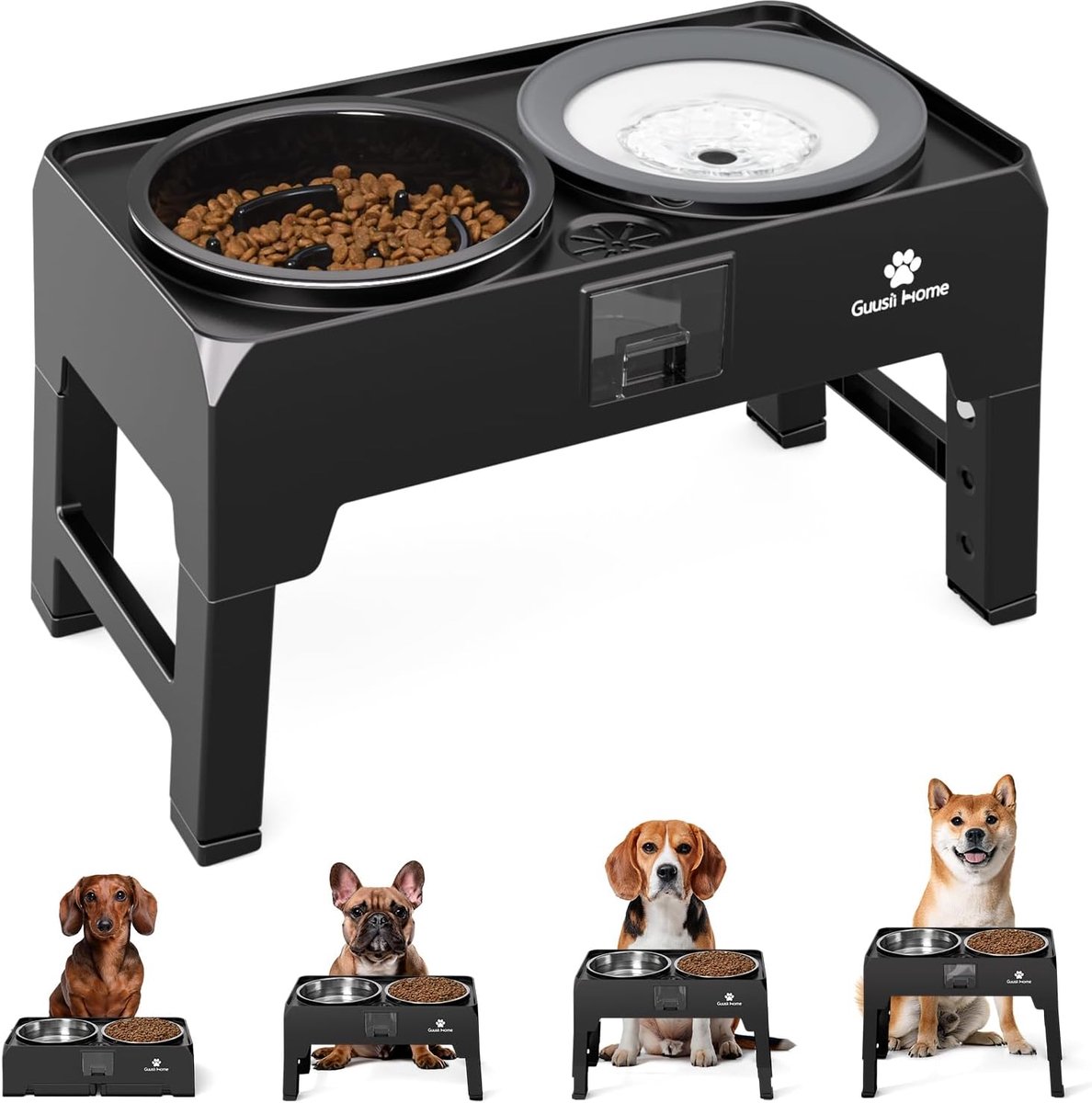 Verhoogde Hond Kom - Voerstation Huisdier - Comfortabel Eten - Verstelbare Hoogte - 2000ml Dubbele Kom - Zwart