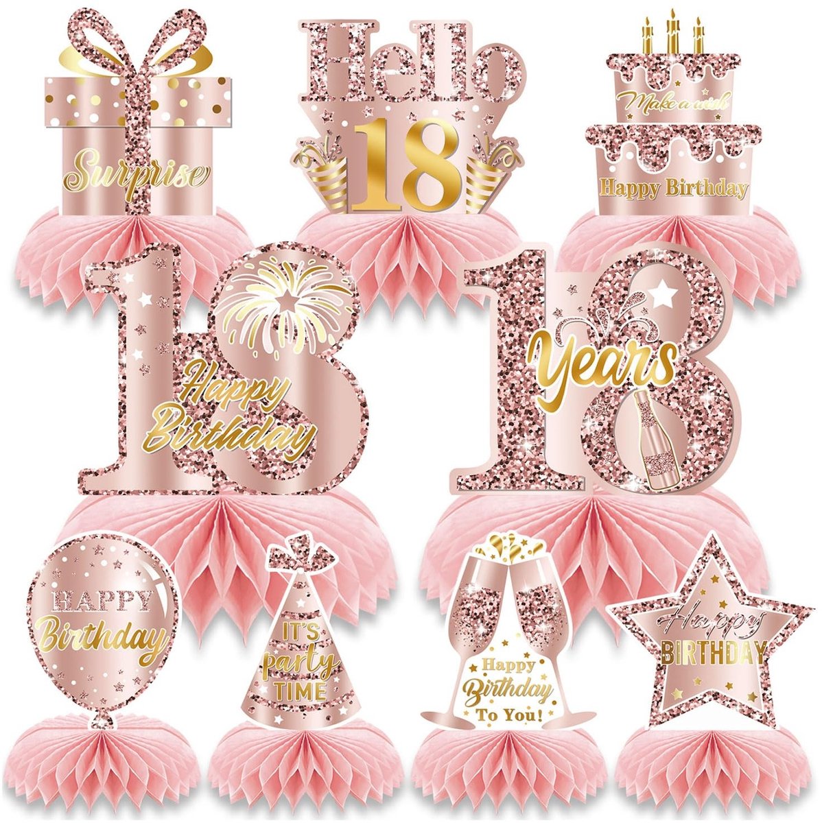 Dailygoods- Tafeldecoratie 9 Stk Roze/Roségoud - Honingraat Middelpuntjes - Feestdecoratie - Verjaardag - Decoratie voor op tafel - Achttien Jaar