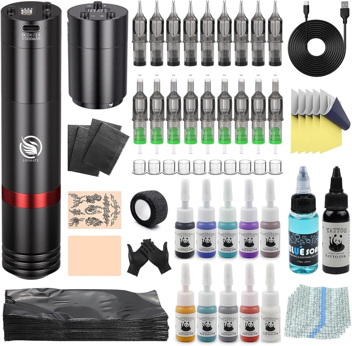 Draadloze Tatoeage Kit - Machine Set - Permanente Make-up - Snoerloos Ontwerp - 20 Naalden - Zwart
