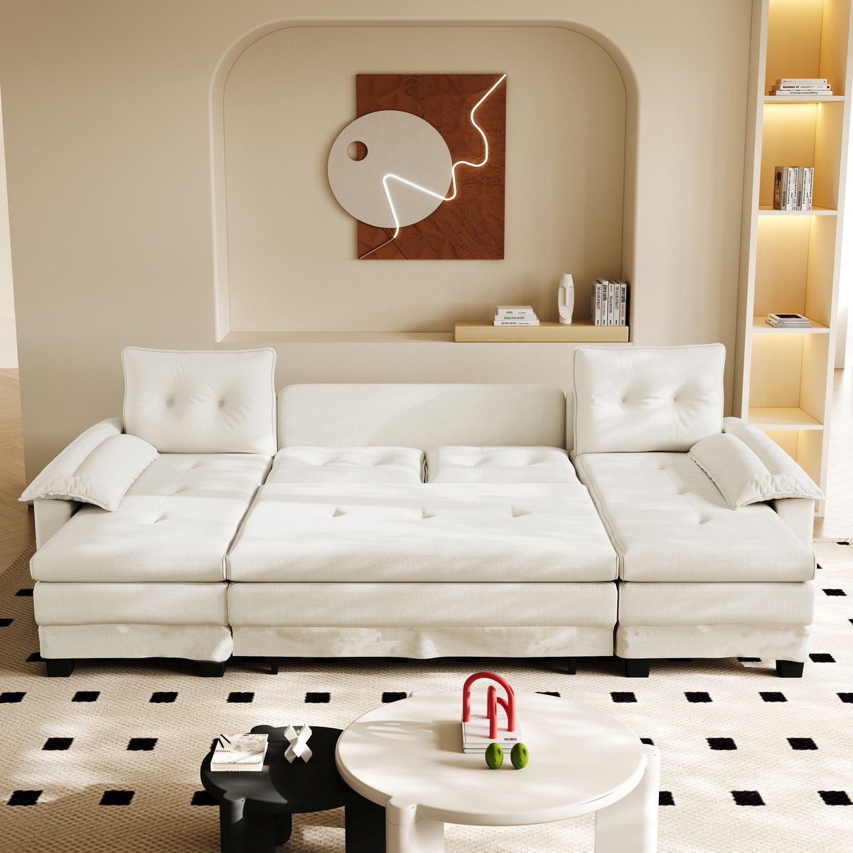 OKWISH U-Bank 278 Cm - Slaapbank Met Uittrekbed En Usb-Aansluiting - Voor Woonkamer Of Appartement - Chenille - Beige
