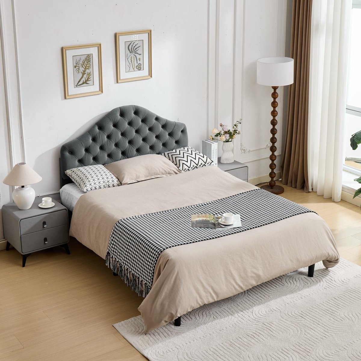 KOMHTOM - Platformbedframe - Full Size 140x200 cm - Gestoffeerd fluweel - Verstelbaar hoofdeinde - Houten lattenbodem - Geen boxspring nodig - Eenvoudige montage - Grijs