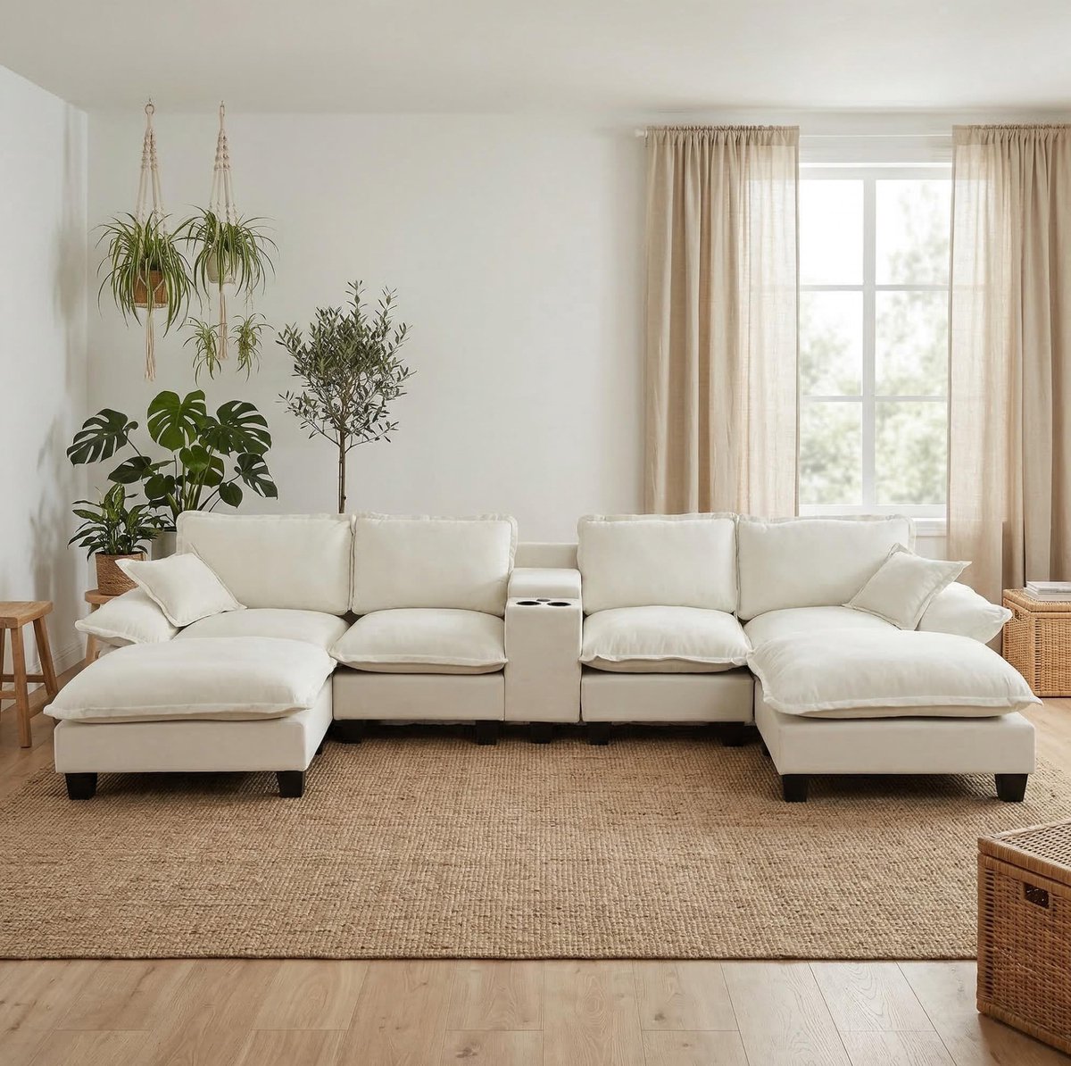 STILVORA U-Bank 362 x 151 x 90 cm - Met Opbergruimte, Usb-Aansluiting En Bekerhouders - Voor Woonkamer En Appartement - Chenille Beige